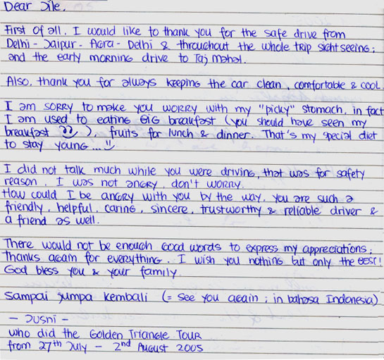  Comments about the driver for the Rajasthan tour by Ms. Jusni, Indonesia