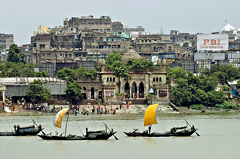 Boats going upstream on the Hooghly river in Kolkata.
