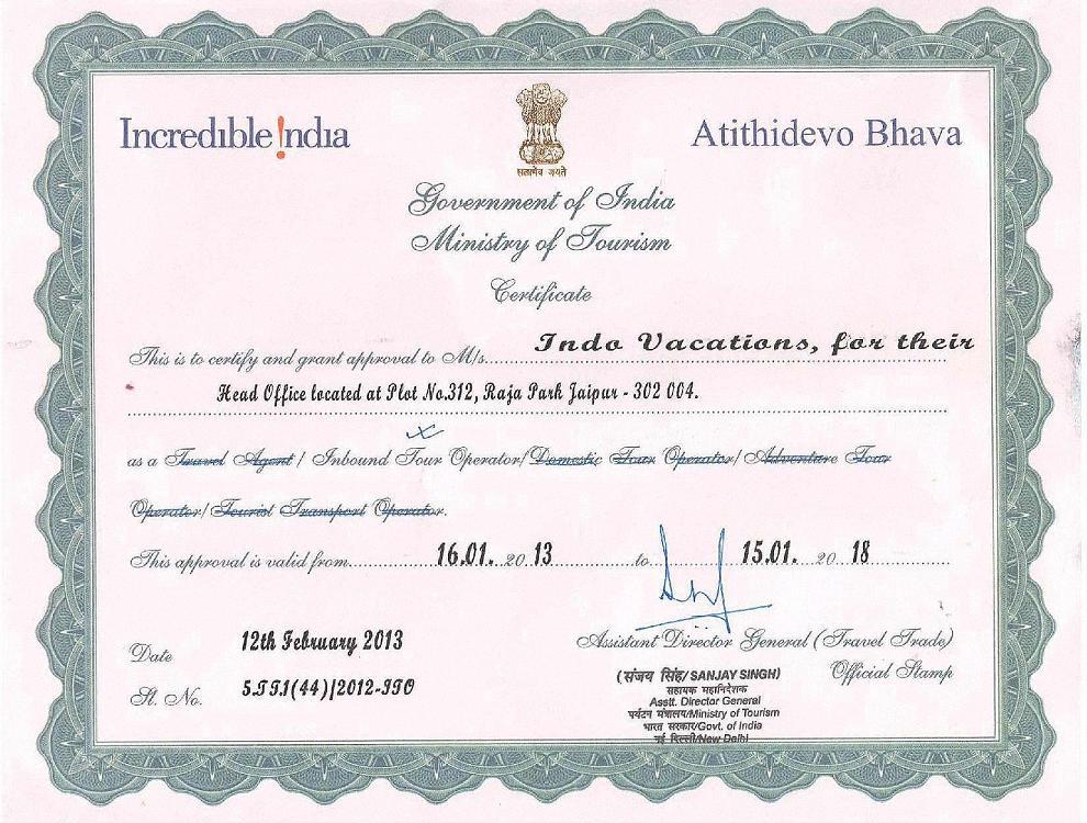 Anerkennungsurkunde Des Tourismus Ministerium Indien Anerkennungsurkunde Des Tourismus Ministerium Indien